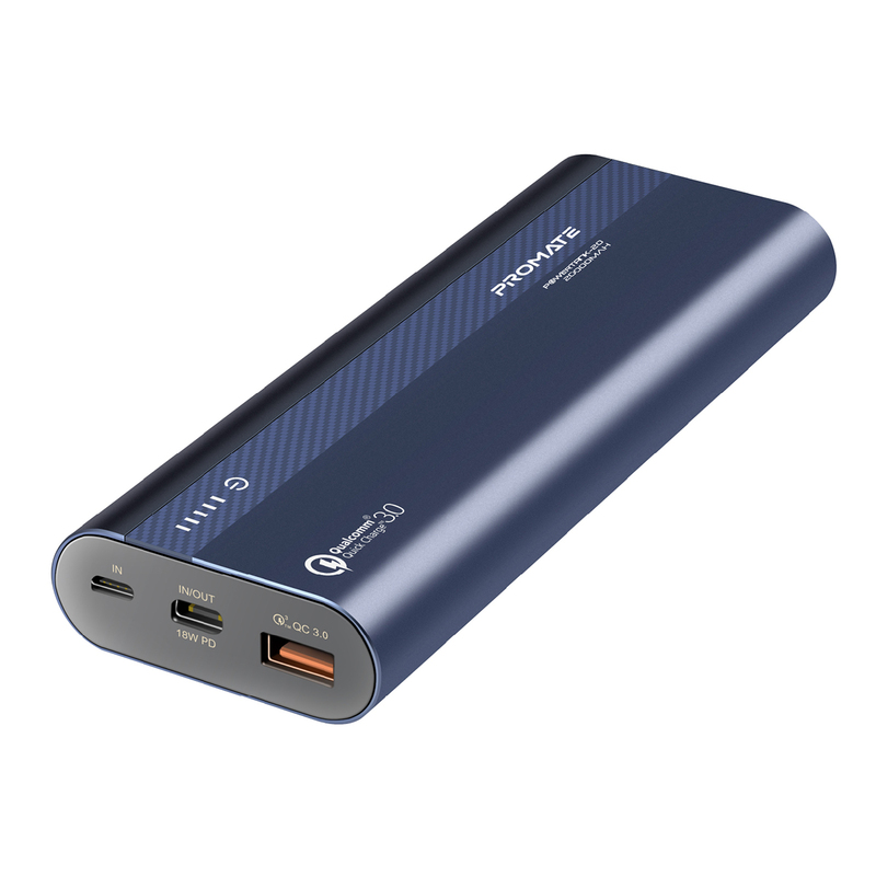 Promate 10000mAh PowerTank-20 Qualcomm QC3.0 Powerbank, Aluminium Portable USB Type-C Input/Output 18W Power Delivery, Over Charging Protection for iPhone XS/XS Max, Samsung S9+, iPad, Blue